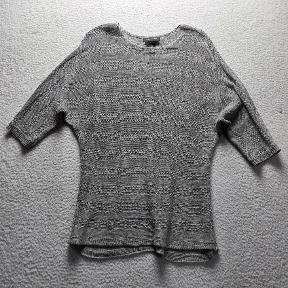 Tahari Sweater Womens Small Gray Boat Neck 3/4 Sleeve Linen Knit Pullover